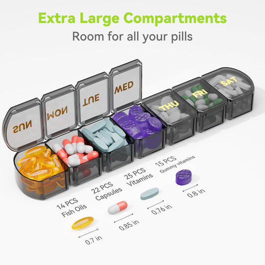 Large Pill Organizer Weekly - SHIJOINYU 7 Day Pill Box with Easy-Open Design, Daily Medicine Pill Organizer for Vitamins, Supplements, Fish Oils and Medications - Black