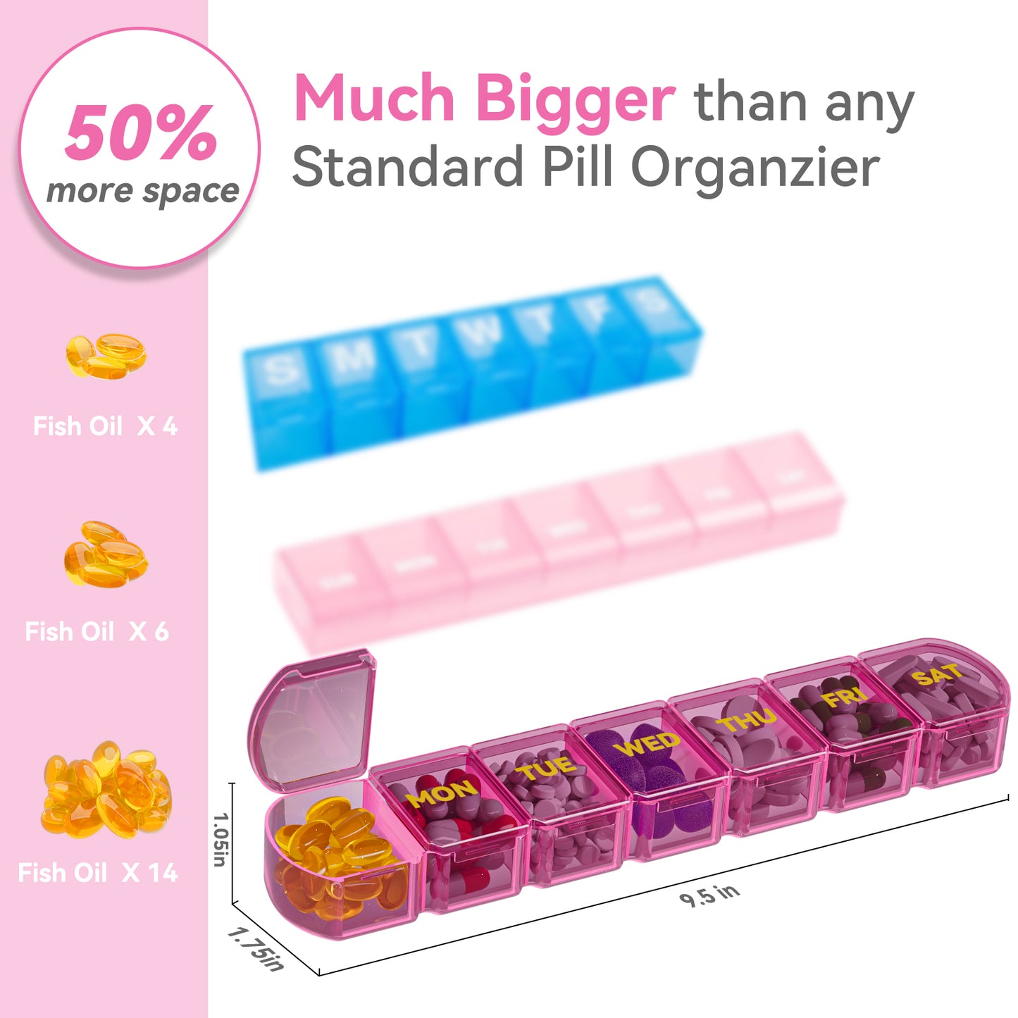 Large Pill Organizer Weekly - SHIJOINYU 7 Day Pill Box with Easy-Open Design, Daily Medicine Pill Organizer for Vitamins, Supplements, Fish Oils and Medications - Pink