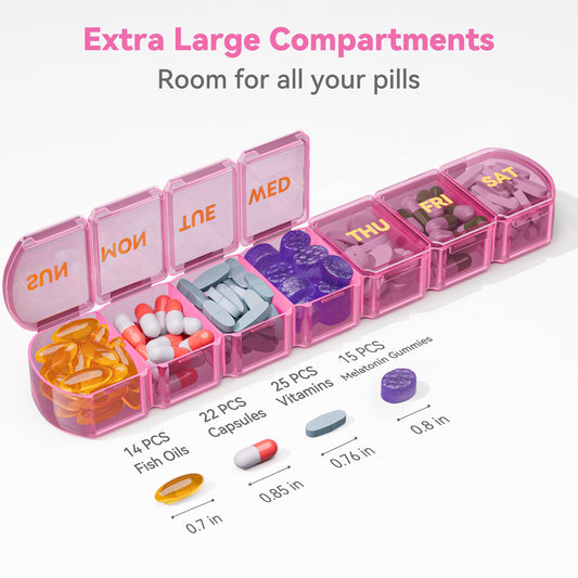 Large Pill Organizer Weekly - SHIJOINYU 7 Day Pill Box with Easy-Open Design, Daily Medicine Pill Organizer for Vitamins, Supplements, Fish Oils and Medications - Pink