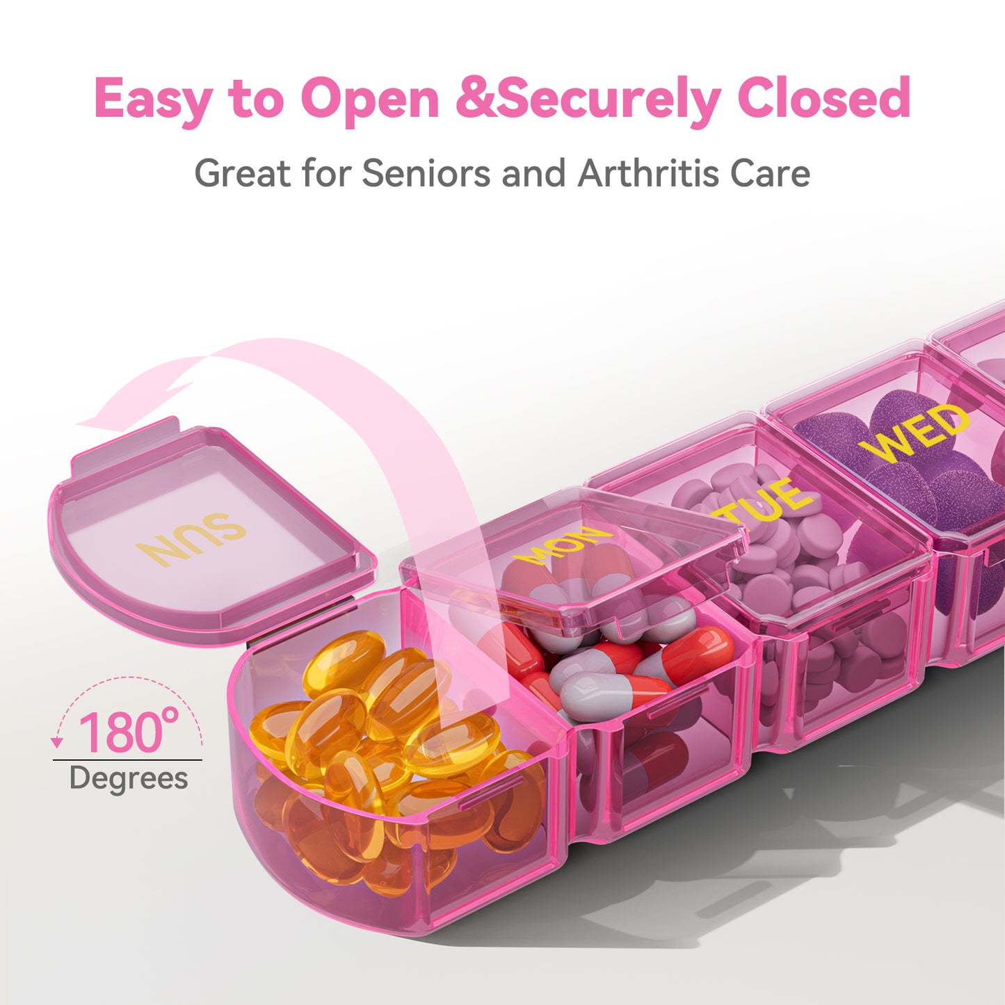 Large Pill Organizer Weekly - SHIJOINYU 7 Day Pill Box with Easy-Open Design, Daily Medicine Pill Organizer for Vitamins, Supplements, Fish Oils and Medications - Pink