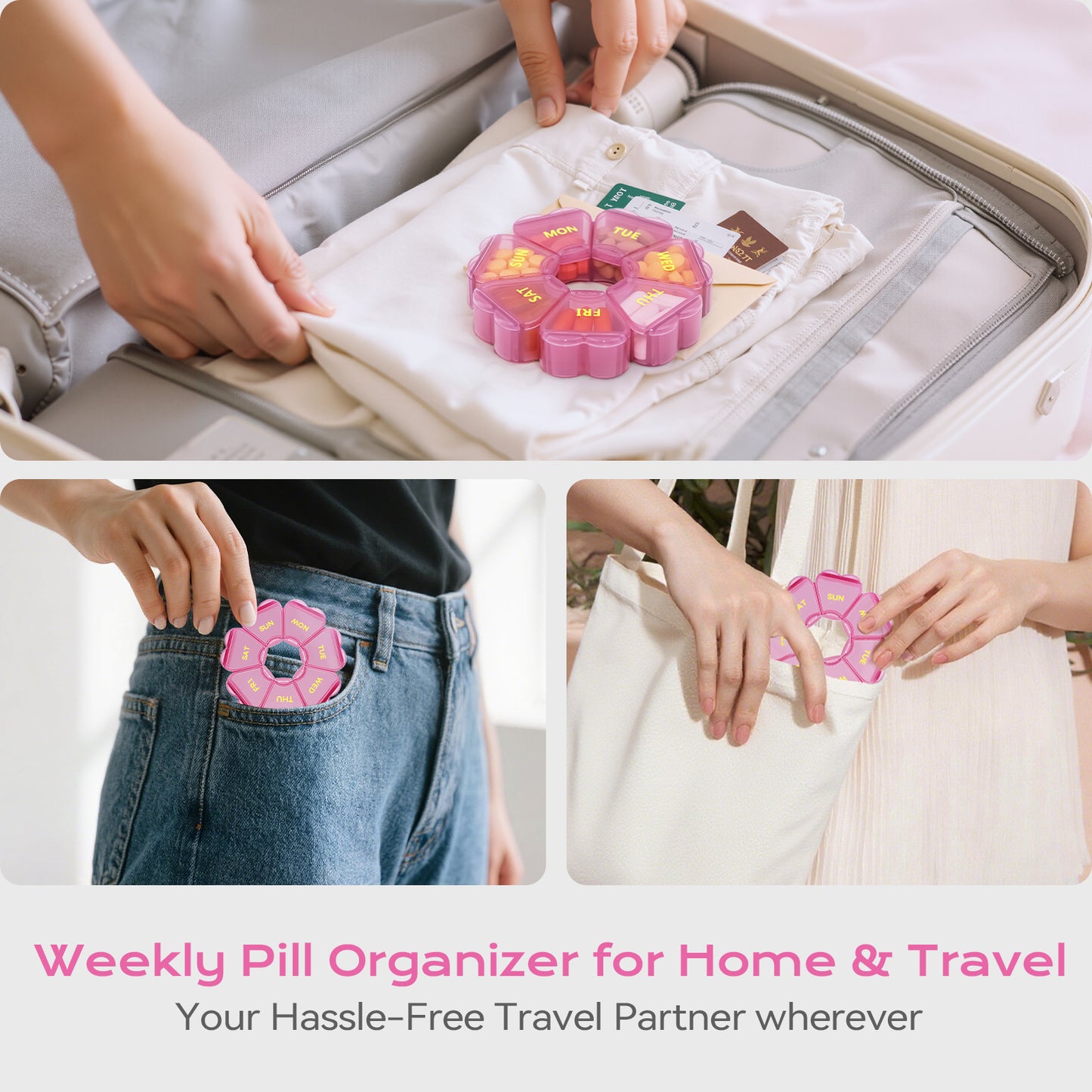 Pill Organizer Weekly - Cute Medicine Pill Organizer 7 Day, Large Daily Pill Box for Travel, SHIJOINYU Pill Dispenser Case 1 Time a Day for Medication/Supplement/Fish Oil (Pink)