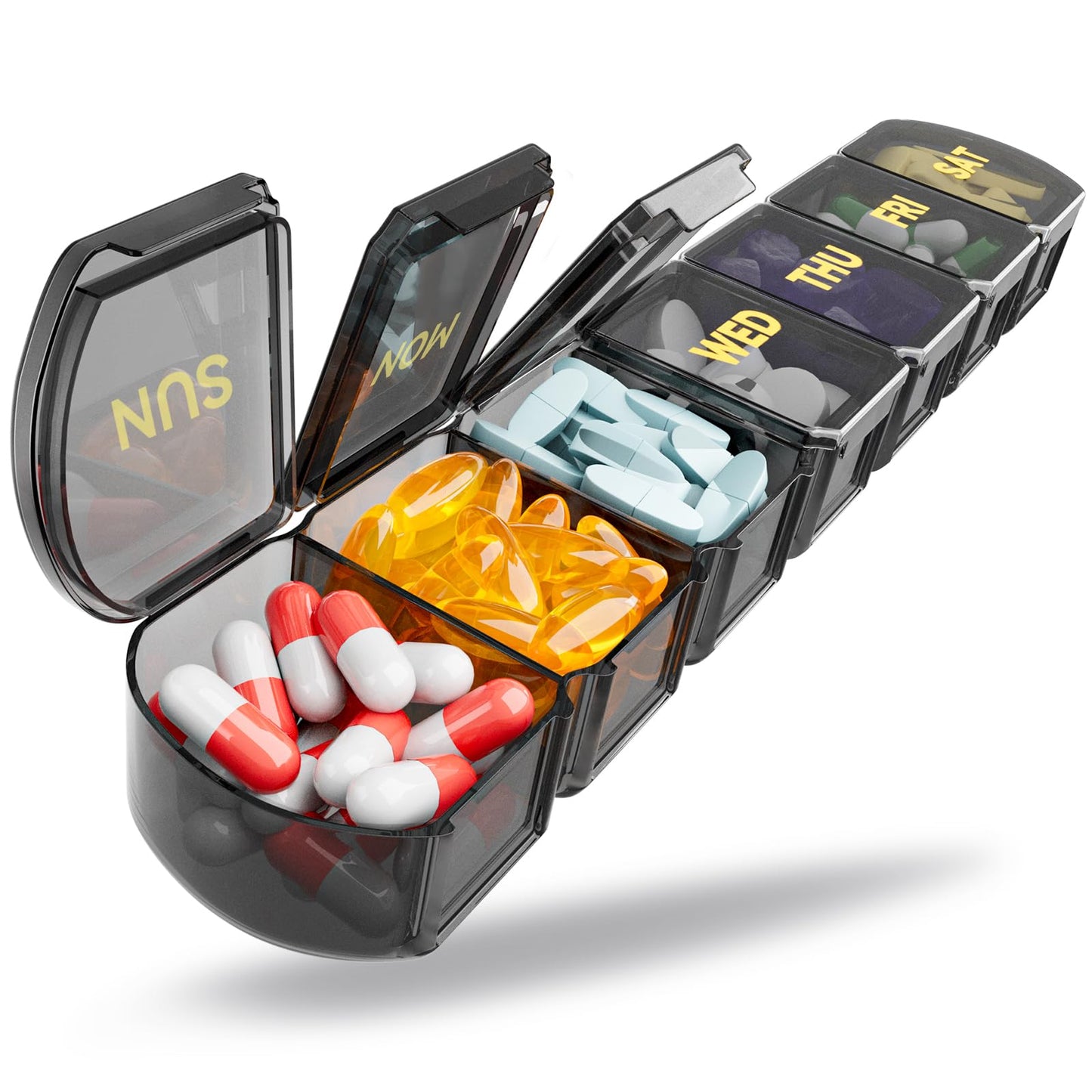 Large Pill Organizer Weekly - SHIJOINYU 7 Day Pill Box with Easy-Open Design, Daily Medicine Pill Organizer for Vitamins, Supplements, Fish Oils and Medications - Black