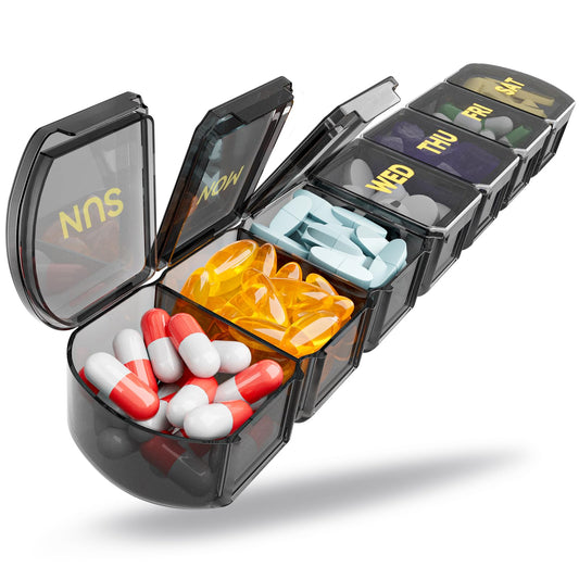 Large Pill Organizer Weekly - SHIJOINYU 7 Day Pill Box with Easy-Open Design, Daily Medicine Pill Organizer for Vitamins, Supplements, Fish Oils and Medications - Black