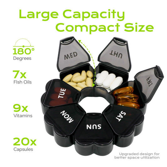 Pill Organizer Weekly - Cute Medicine Pill Organizer 7 Day, Large Daily Pill Box for Travel, SHIJOINYU Pill Dispenser Case 1 Time a Day for Medication/Supplement/Fish Oil (Black)