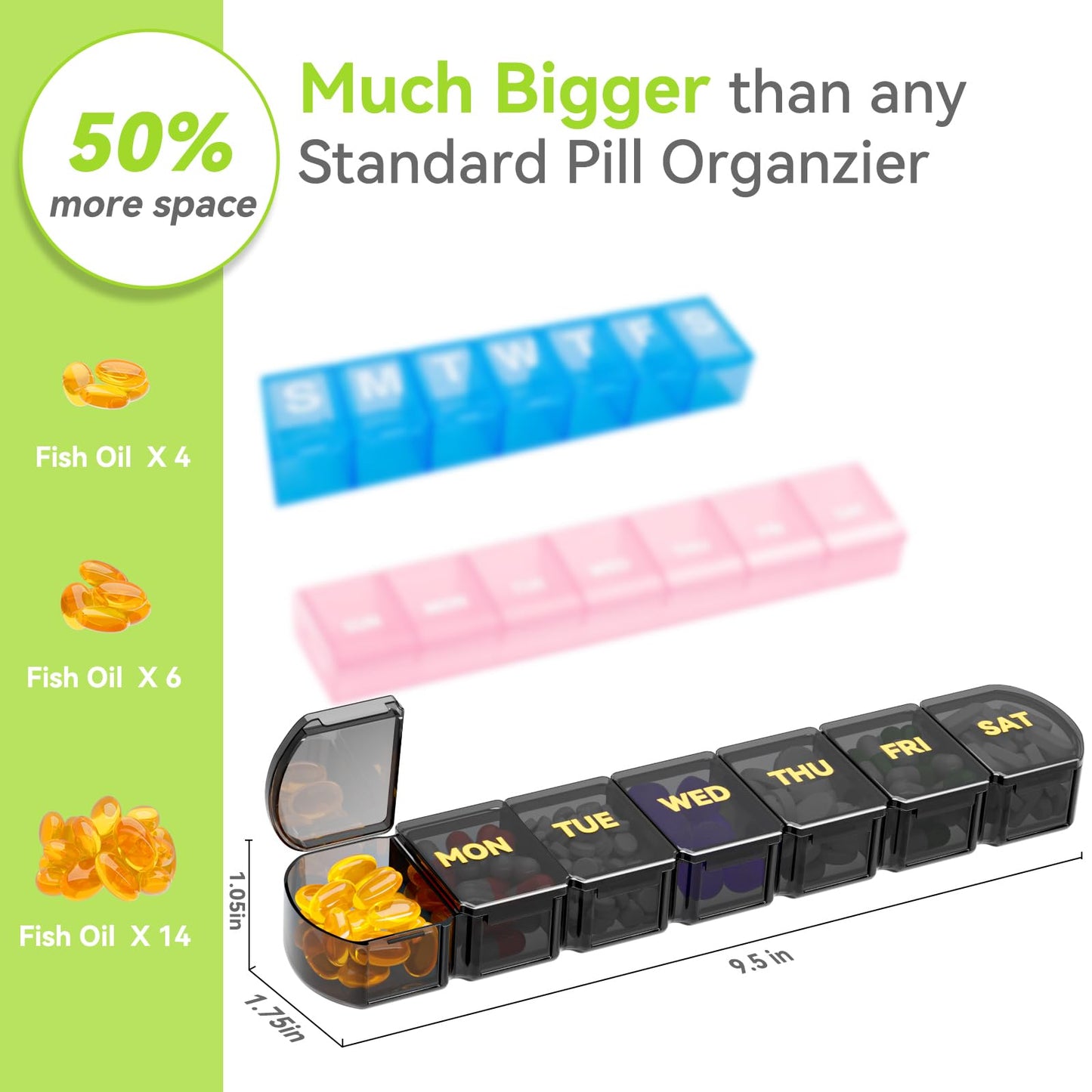 Large Pill Organizer Weekly - SHIJOINYU 7 Day Pill Box with Easy-Open Design, Daily Medicine Pill Organizer for Vitamins, Supplements, Fish Oils and Medications - Black